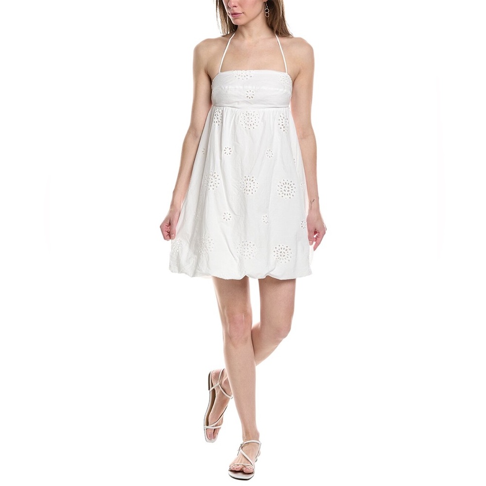 Commense White Bubble Hem Eyelet Embroidery Floral Mini Dress Large Coquette